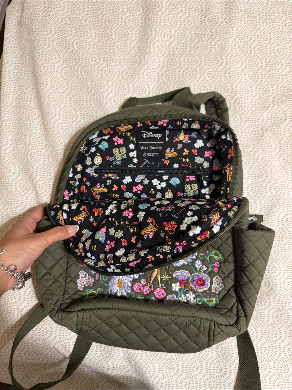 Disney Olive Green Quilted Backpack with Tinker Bell Floral Embroidery